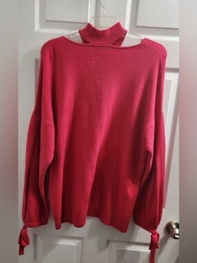 Red Women's Turtleneck Sweater with Sleeve Tie Detail